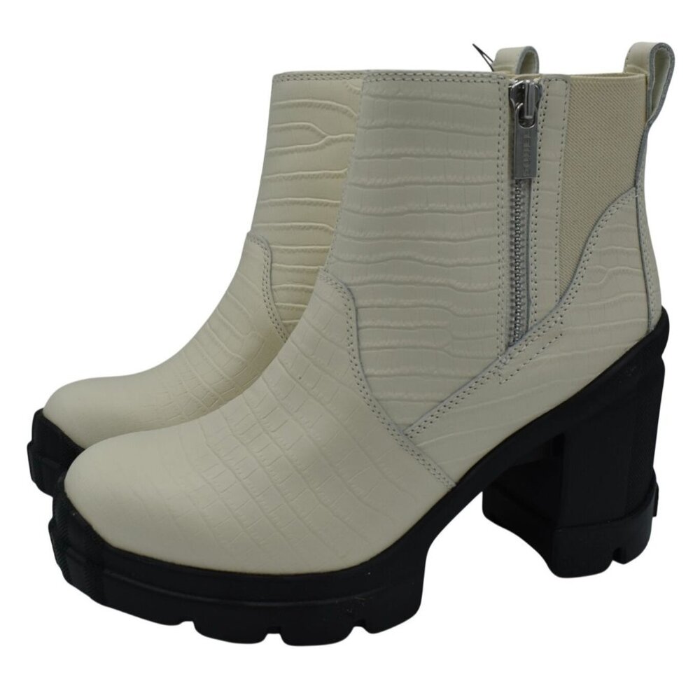 Sorel Women 9.5 Caribou X Heel Chalk Black Croc Embossed Heeled Zip Chelsea Boot